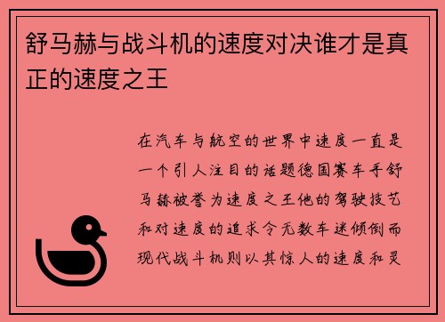 舒马赫与战斗机的速度对决谁才是真正的速度之王